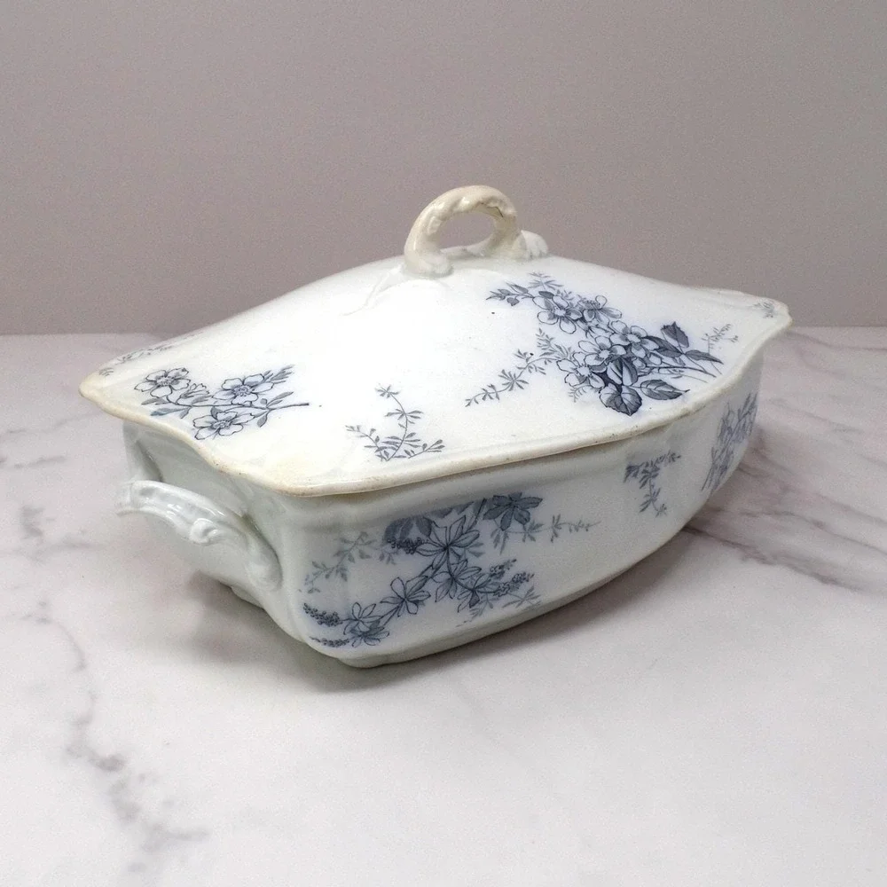 Antique Alfred Meakin Ironstone Transferware Covered Vegetable Dish, Blossom
